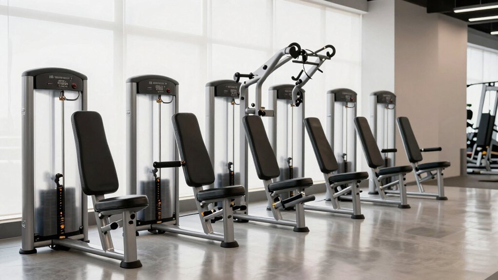Gym with several leg press machines lined up, ready for workout.
