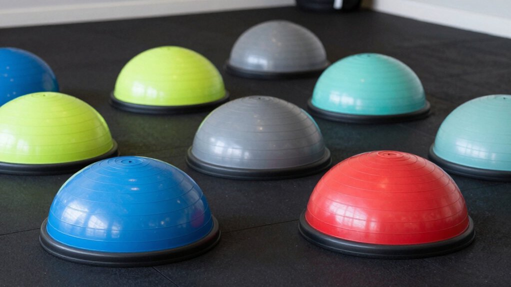 Assorted colorful Bosu balance trainers on a dark gym floor.
